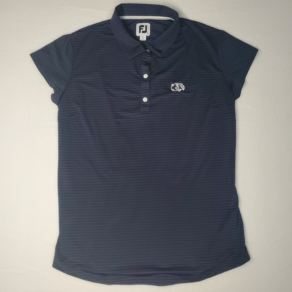 Footjoy Golf Shirt  Size L Tonal Stripe Navy Blue Cinched Back Cap Sleeve EUC